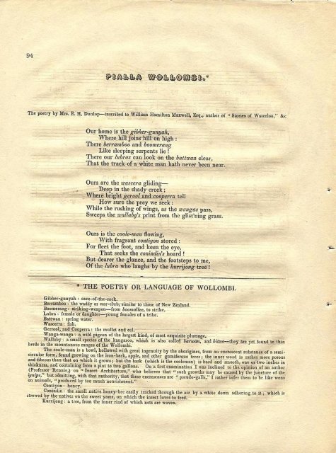 The [Aboriginal] Poetry or Language of Wollombi recorded and translated by Eliza Dunlop 1848. NLA